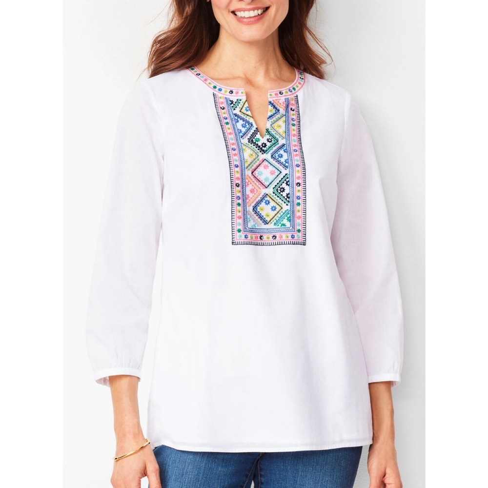 Talbots Embellished Voile Tunic Embroidered Beaded Spring Summer Medium Petite